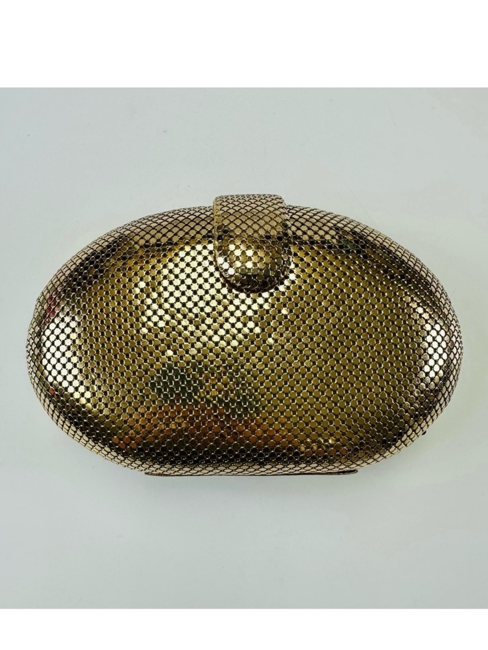 Whiting & Davis gold mesh oval clamshell clutch evening bag with long chain Glam
